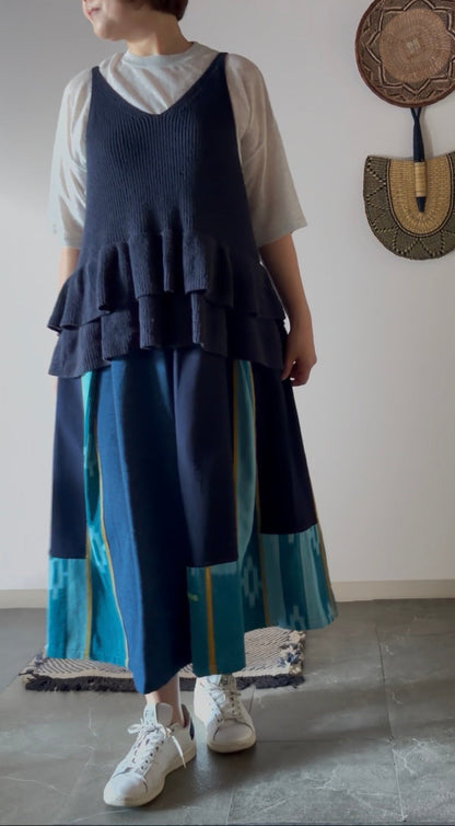 －夏のそら（ミントブルー）－縞ひとえ  西アフリカ バウレ族の藍染布 × 久留米絣のスカート
